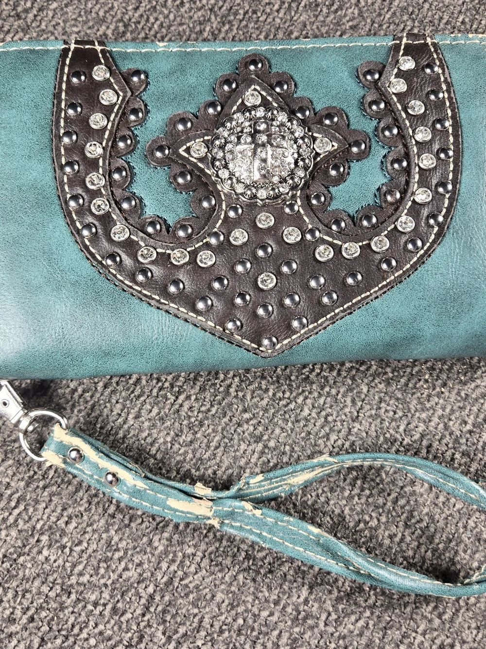 Trinity Teal Zip Wallet with Black Studded Western Accent